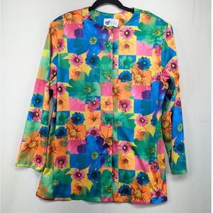 Vintage Top Knits Colorful Floral Print Patchwork Long Sleeve Button Up Top
